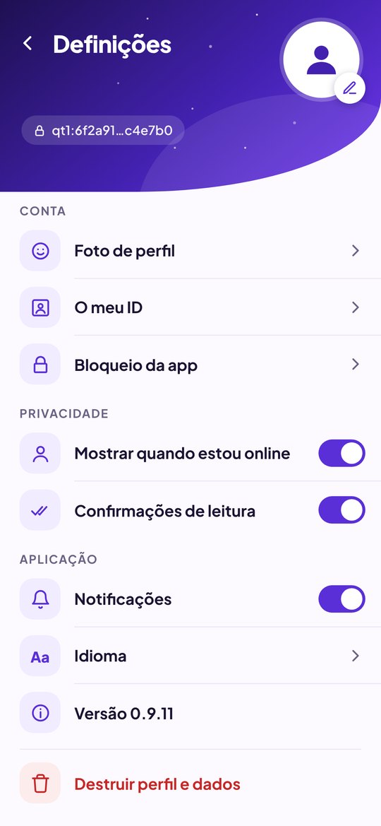 Ecrã Definições da SEALER: foto de perfil, o meu ID, bloqueio da app, privacidade, notificações, idioma e versão.